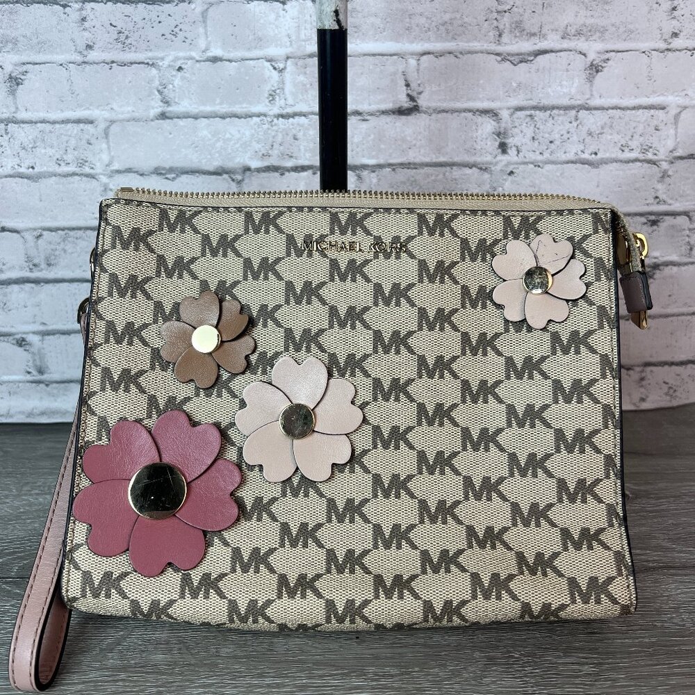 Michael Kors Beige and Pink Floral Wristlet Clutch